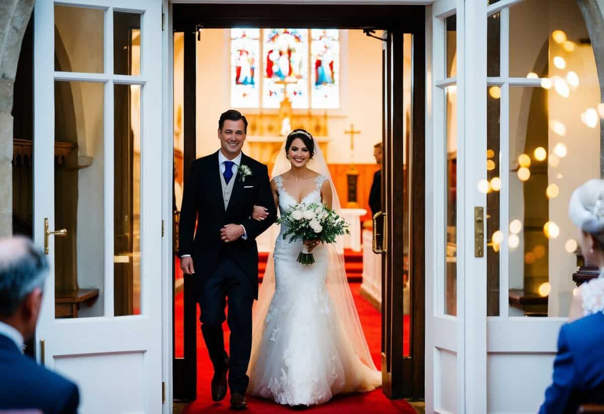 The bride exits first, followed by the groom, from the church doors