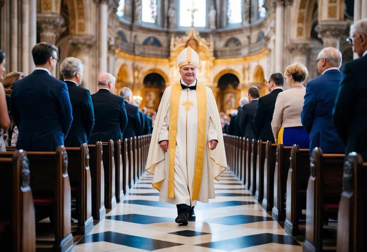 A figure in formal attire leads the procession down the aisle in a grand, ornate cathedral