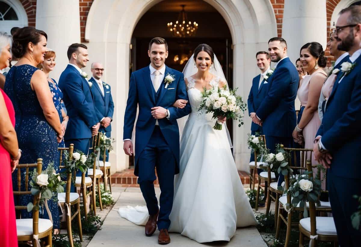 The newly married couple exits the ceremony, followed by the wedding party and guests