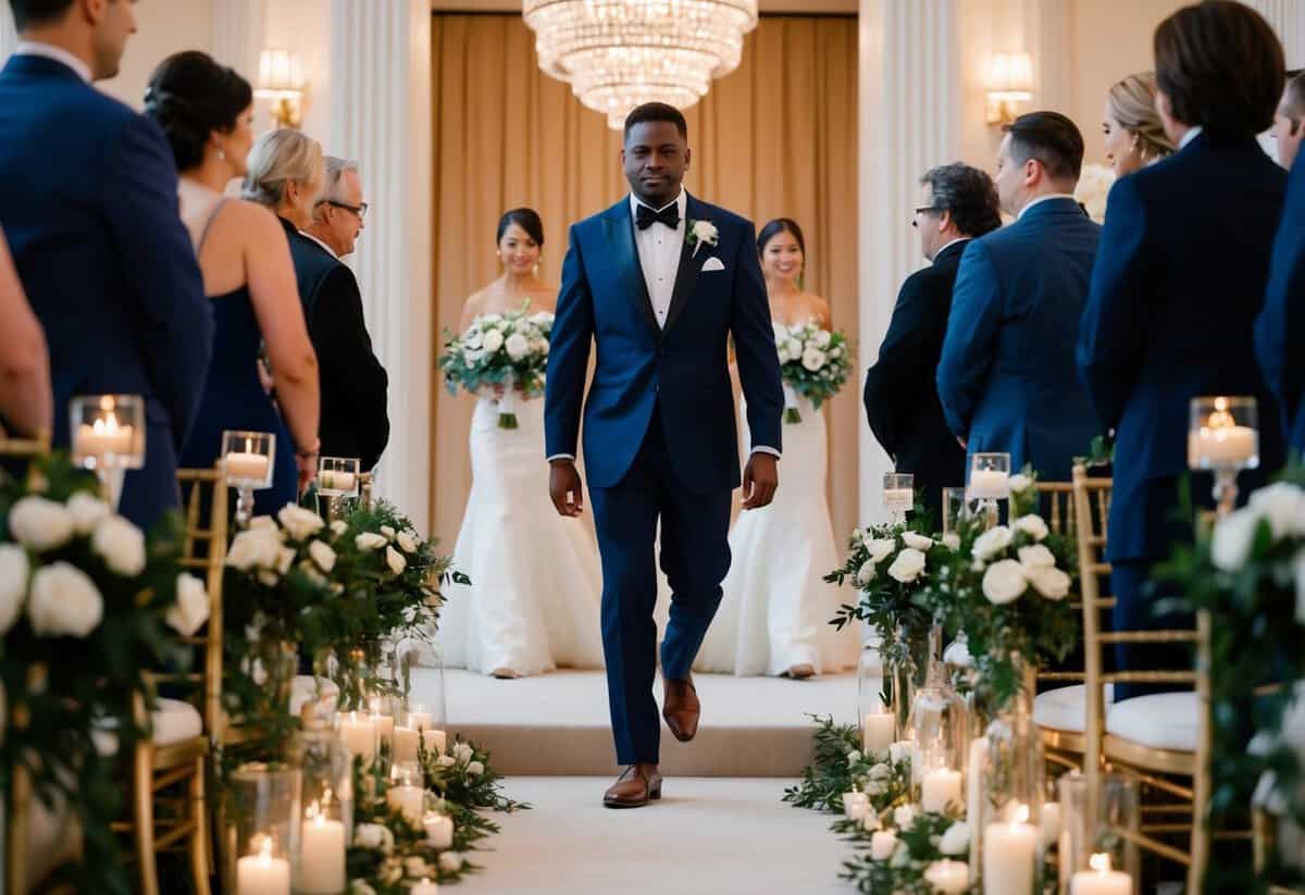 A figure in formal attire steps onto the aisle, surrounded by elegant decor and soft lighting, setting a sophisticated and romantic mood