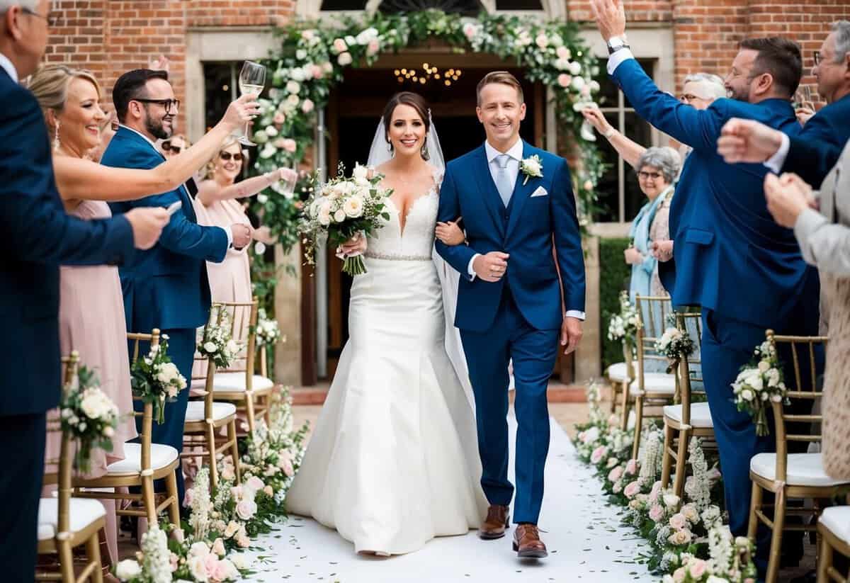 The newlywed couple exits first, walking down a flower-lined aisle as guests cheer and throw confetti