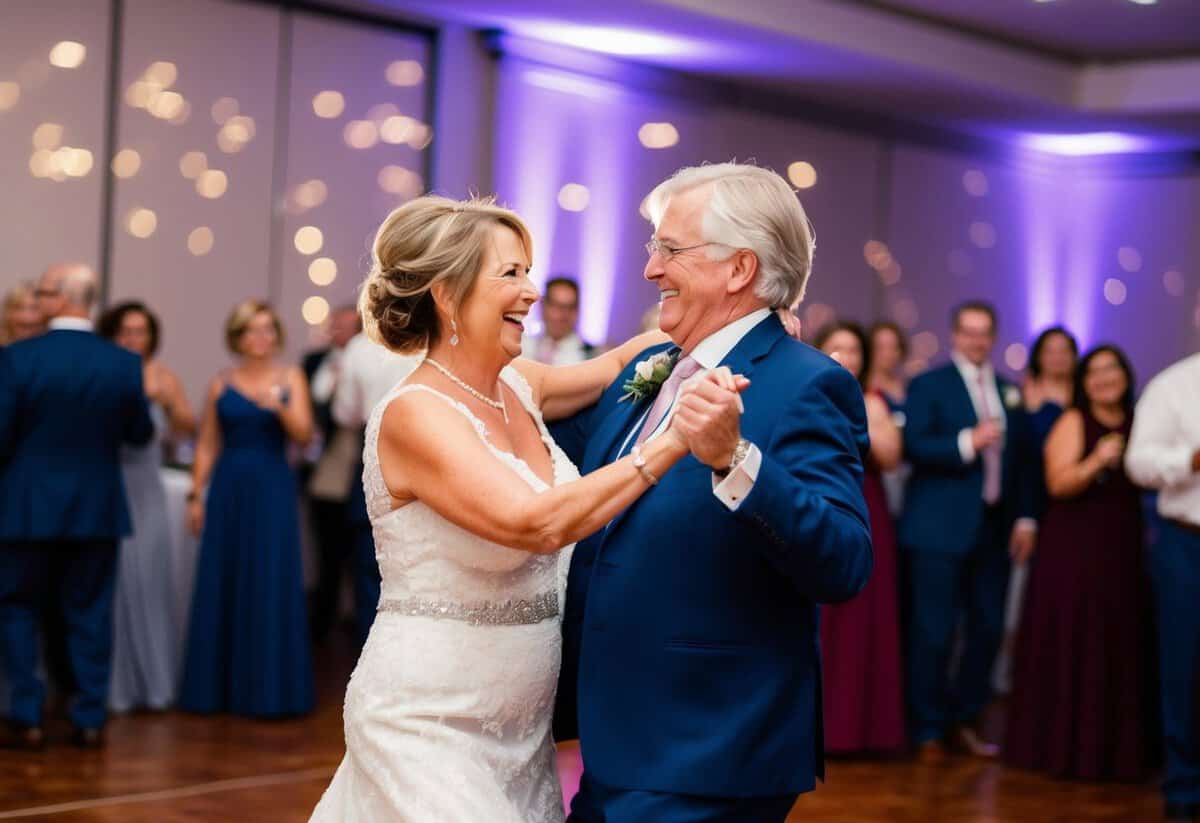 The mother of the bride is joyfully dancing with a partner on the dance floor