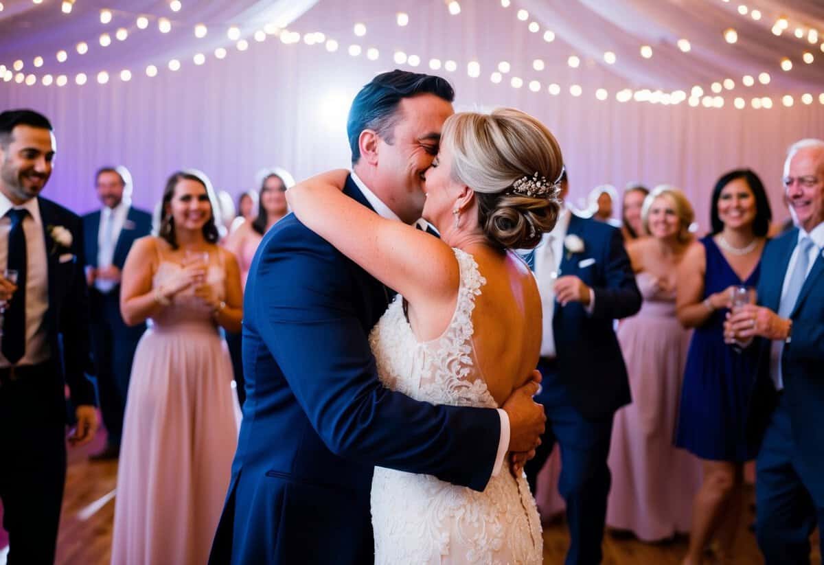 The mother of the bride is embraced by a suited figure on the dance floor, surrounded by twinkling lights and joyful guests