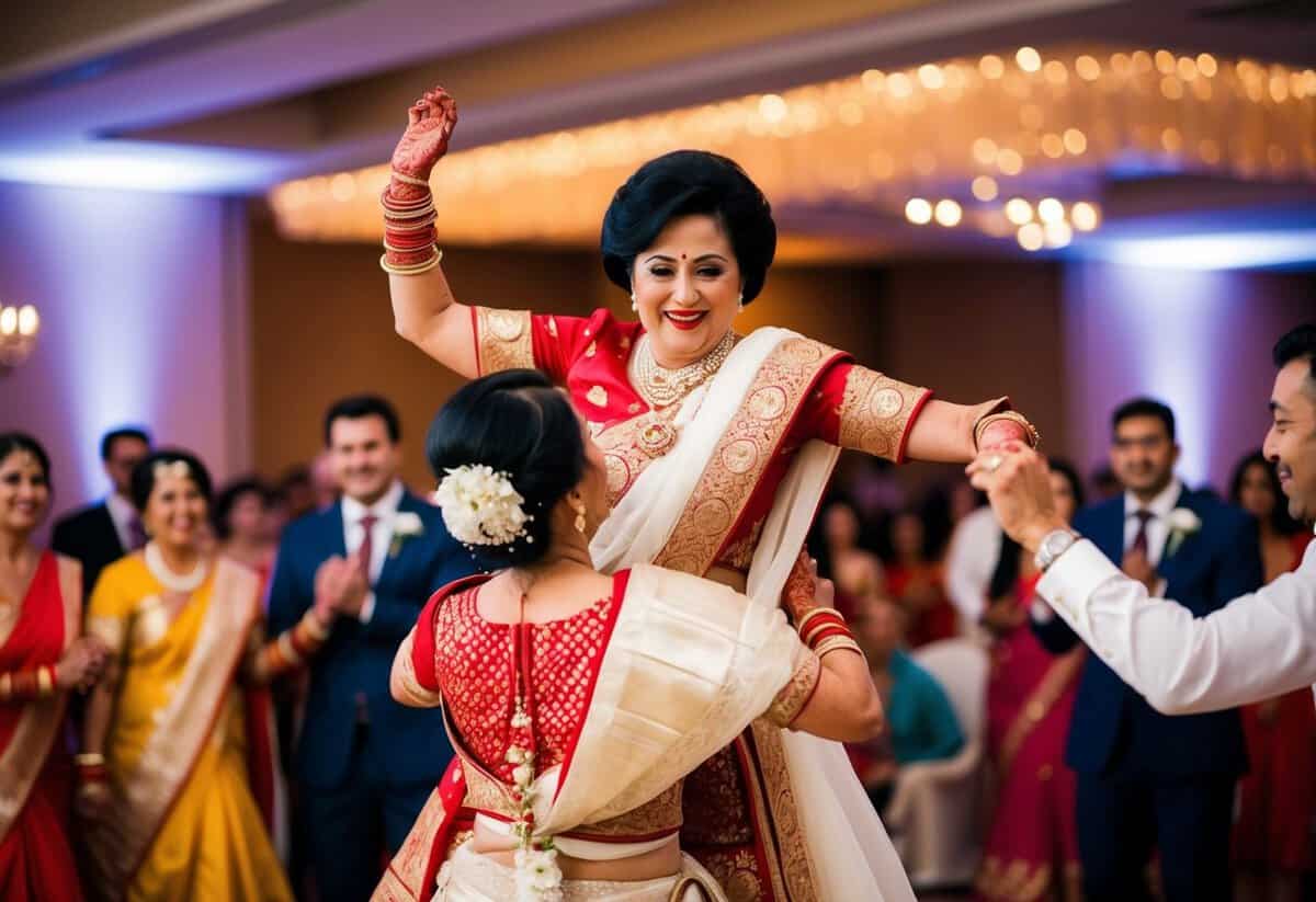 The mother of the bride is lifted in the air during a lively traditional wedding dance