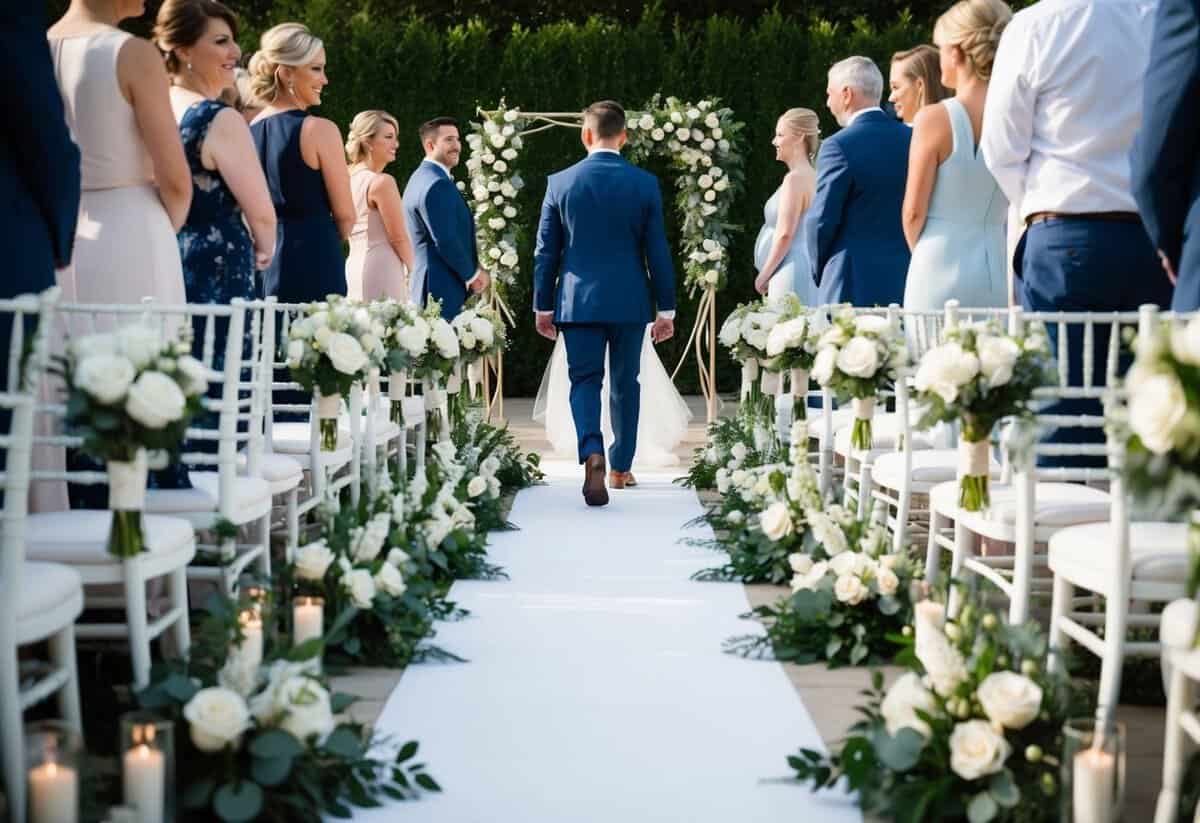 The groom walks down the aisle, flanked by two rows of elegant floral arrangements, towards the waiting wedding party