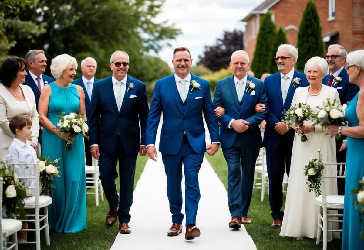 The groom walks down the aisle flanked by family members, with the first person being a close family member, such as a parent or grandparent