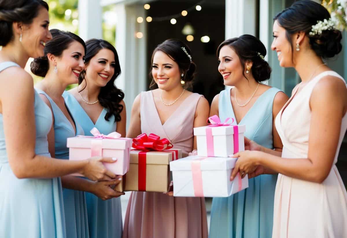 A group of bridesmaids exchanging gifts at a wedding shower, with wrapped presents and smiles