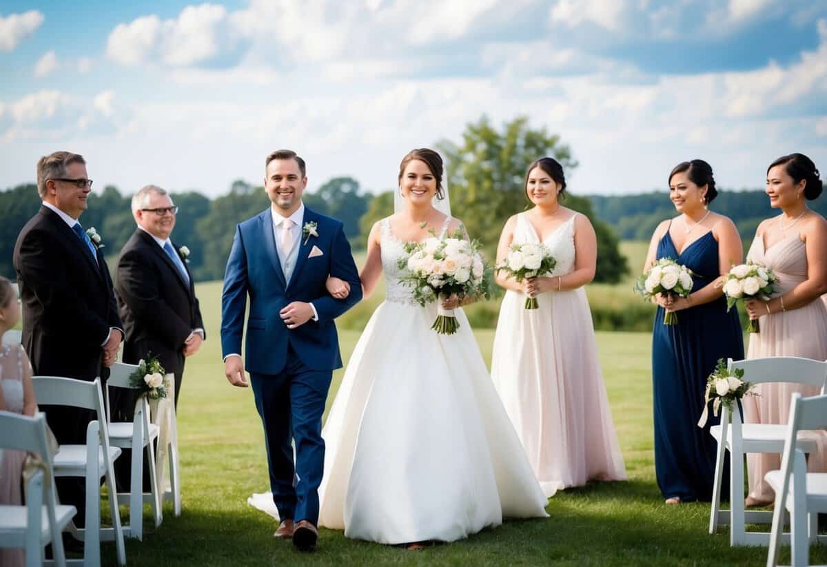 The groom leads the processional, followed by the officiant, bridesmaids, and finally the bride