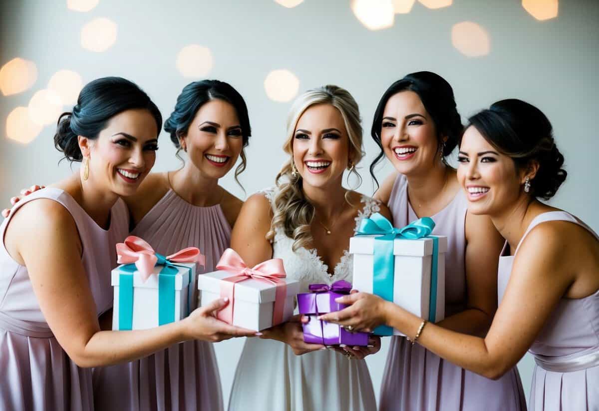 Bridesmaids receiving gifts, smiling and embracing