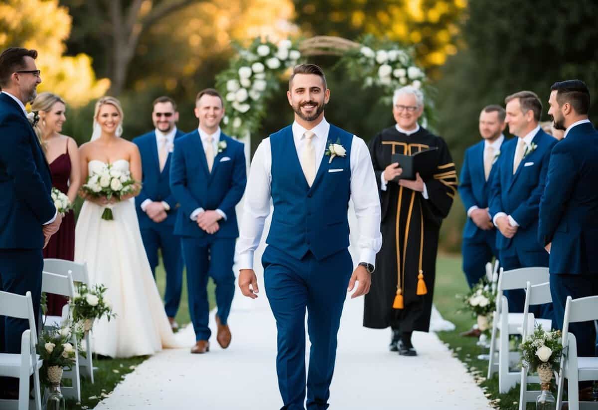 The groom leads the wedding processional, followed by the officiant and the wedding party