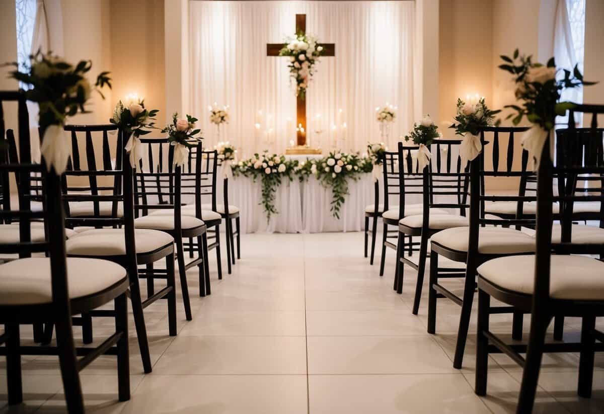 Two rows of empty chairs face the altar, adorned with flowers and draped in white fabric. The soft glow of candlelight fills the space