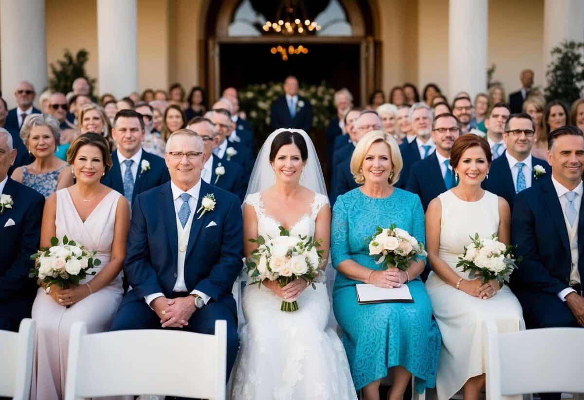 Family and close friends fill the first two rows at a wedding ceremony, with the front row reserved for immediate family members and the second row for extended family and special guests