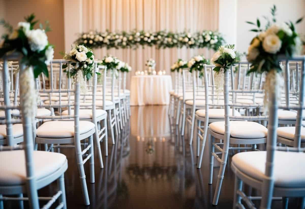 Elegant chairs arranged in front rows, adorned with floral decorations, facing the ceremonial space at a wedding