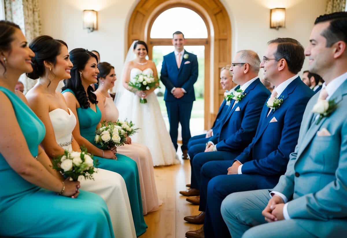 The bride's family sits on the left, facing the groom's family on the right, during the wedding ceremony