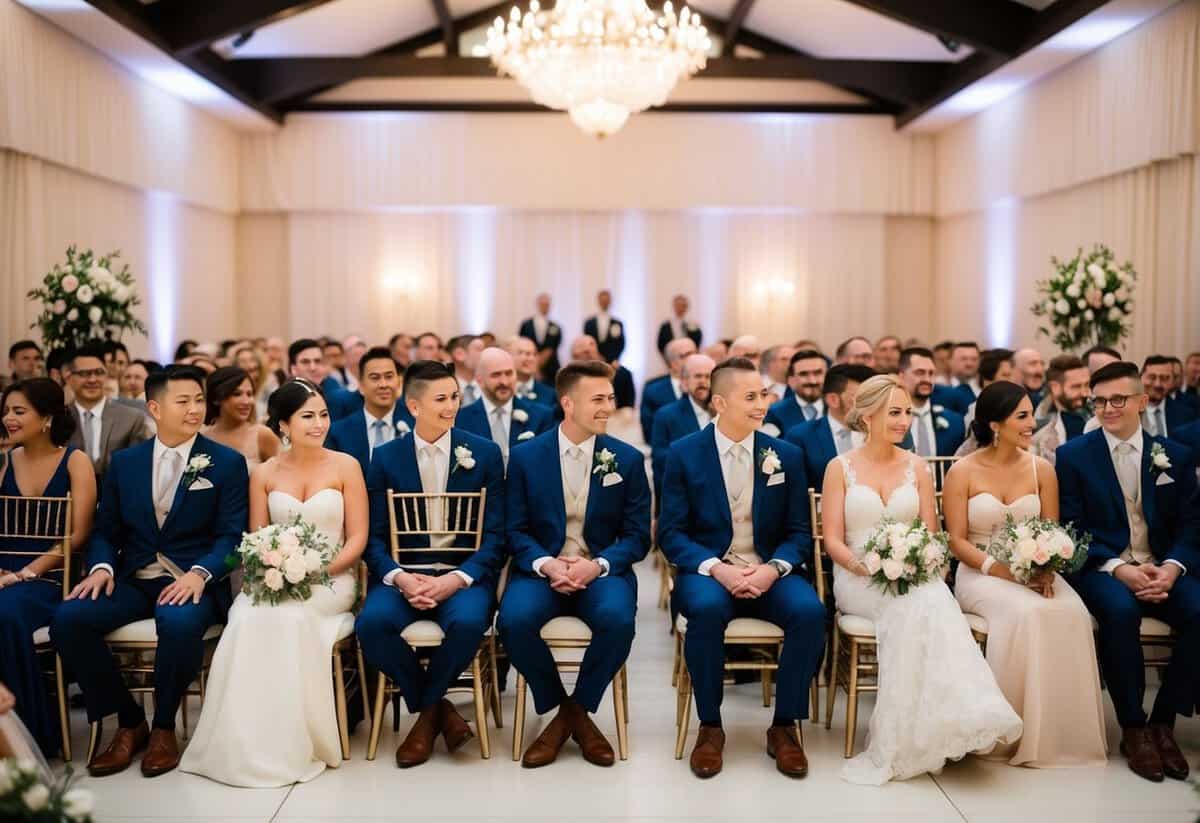 Guests seated in first two rows at a wedding, with elegant chairs arranged in a neat and organized manner, adorned with floral decorations and soft lighting