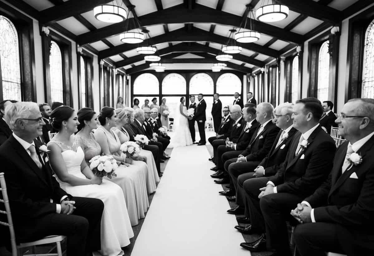 The bride's family seated on the left, facing the groom's family on the right, with a central aisle between them