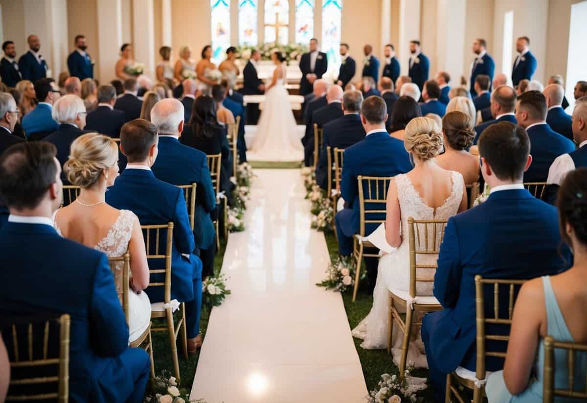 Guests in formal attire seated in the first two rows at a wedding, facing the front with clear visibility of the altar
