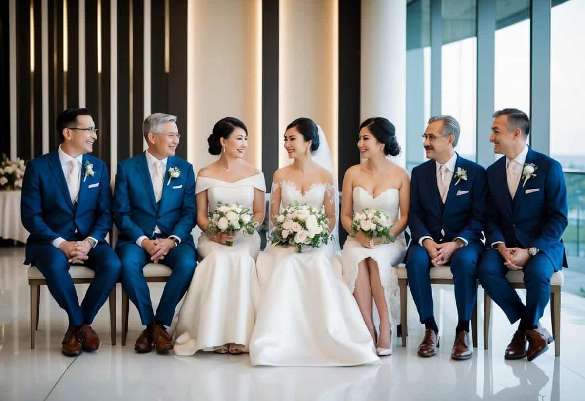 The bride's family sits on the left, facing the groom's family on the right, with a modern and elegant setting