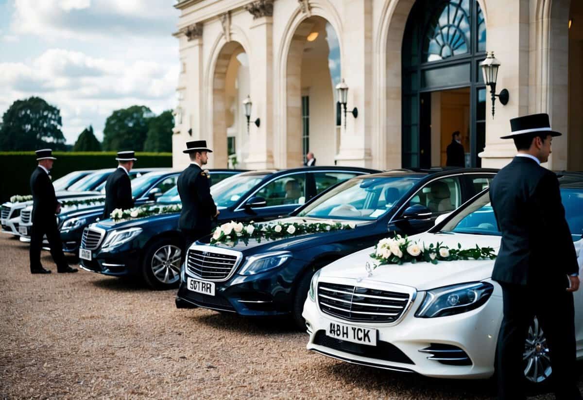 A line of elegantly decorated cars waiting outside a grand venue, chauffeurs standing by, ready to transport the newlyweds in style