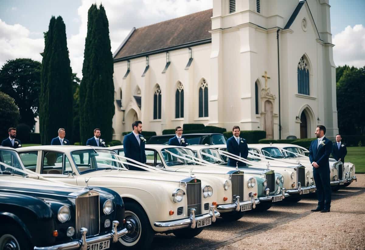 A line of elegant wedding cars parked in front of a grand church, with chauffeurs standing by, ready to transport the bridal party