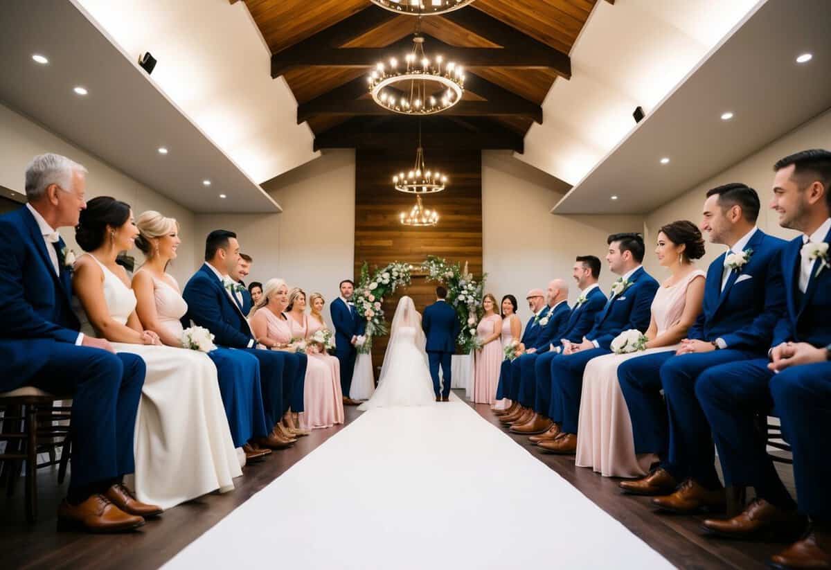The bride's family sits on the left side of the venue, facing the groom's family on the right, with an aisle in the middle