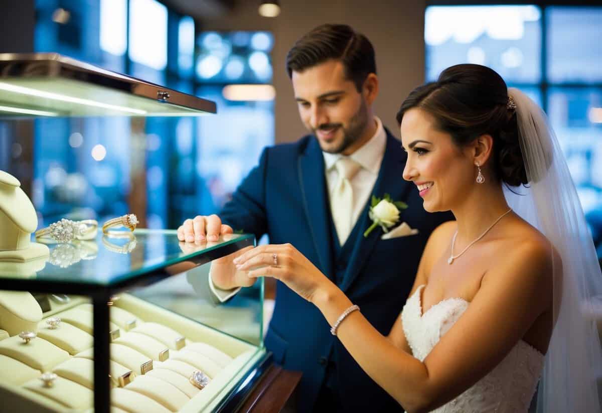 The bride purchases the groom's wedding band from a jeweler's display case