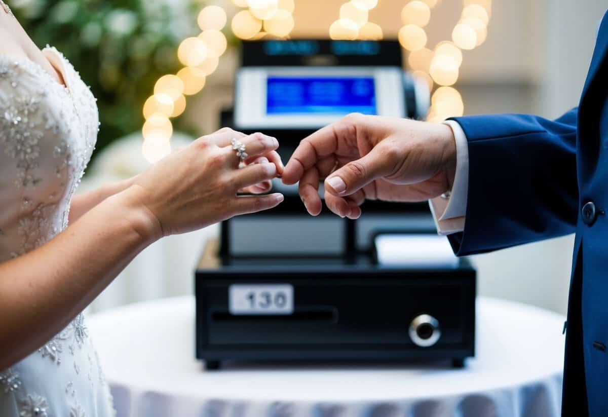 A bride and groom's hands exchanging wedding bands with a cash register in the background