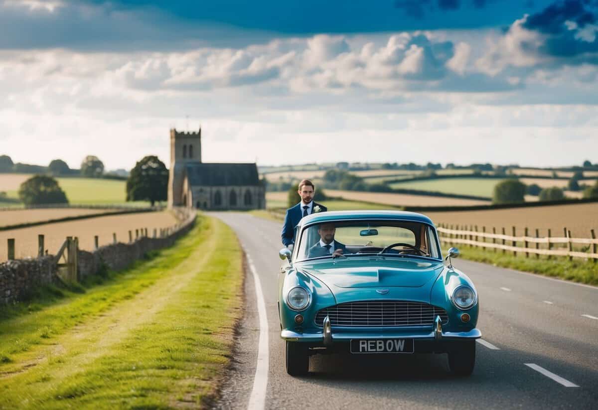 The groom travels to the church with a vintage car, driving through a picturesque countryside landscape