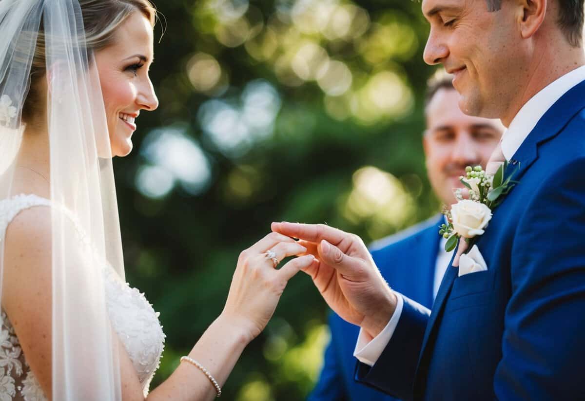A bride places a ring on a groom's finger during a wedding ceremony