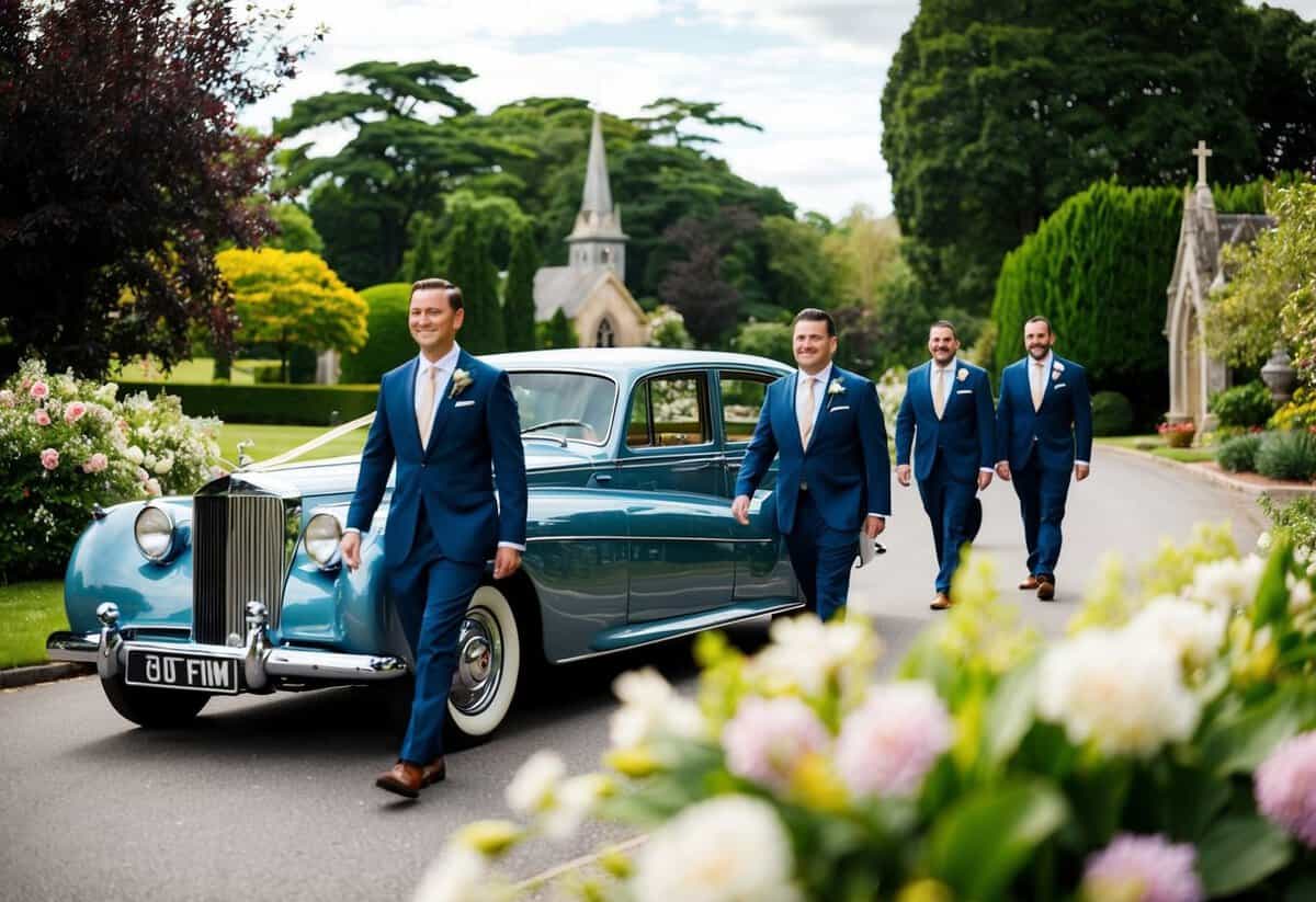 The groom travels to the church with his groomsmen in a vintage car, surrounded by lush greenery and blooming flowers