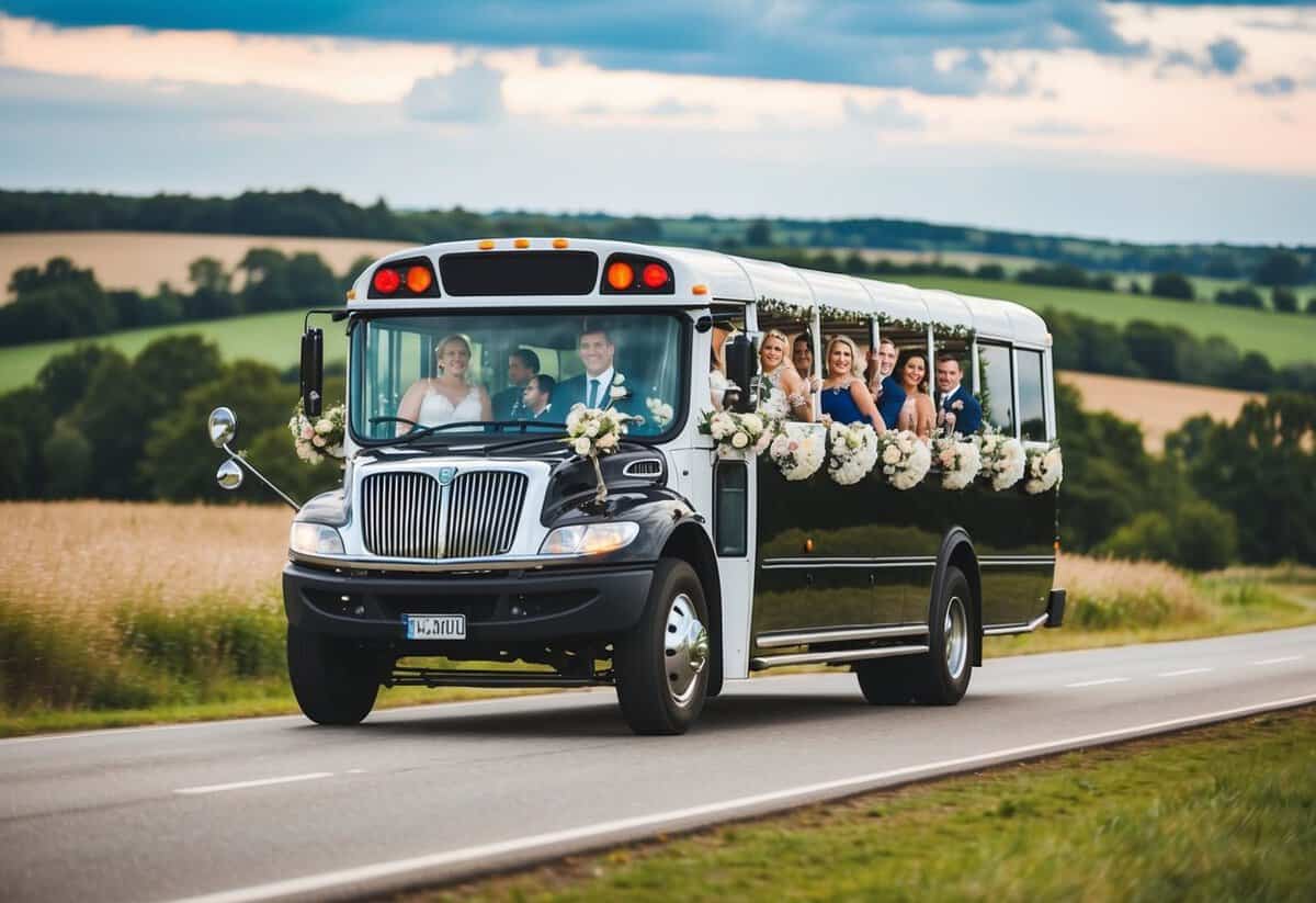 A wedding bus filled with joyful guests, decorated with flowers, driving through a scenic countryside