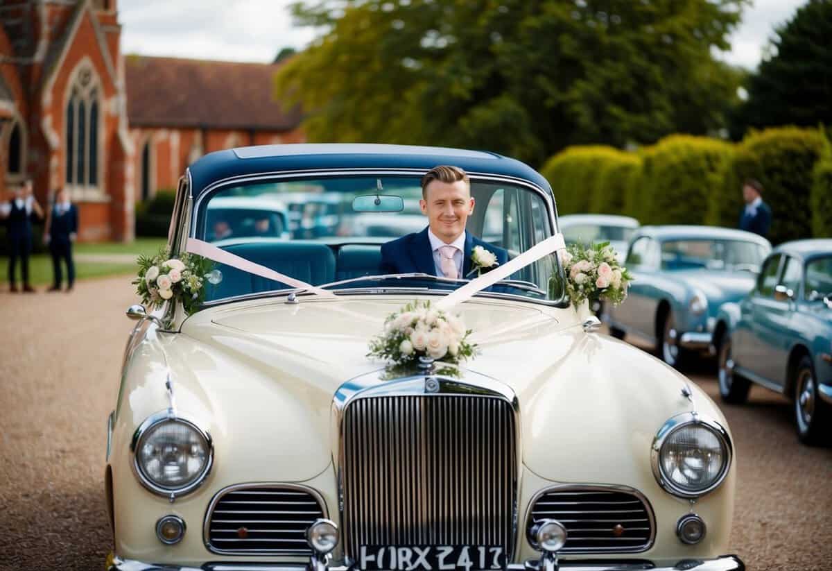 The groom travels to the church in a vintage car adorned with flowers and ribbons