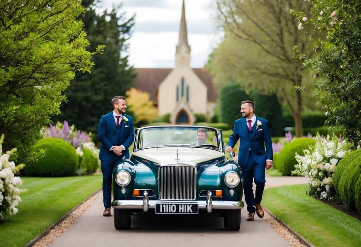 The groom travels to the church with his best man in a classic car, surrounded by lush greenery and blooming flowers