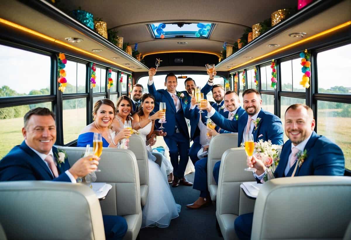 A wedding bus filled with happy guests, celebrating and toasting inside, with colorful decorations and a festive atmosphere