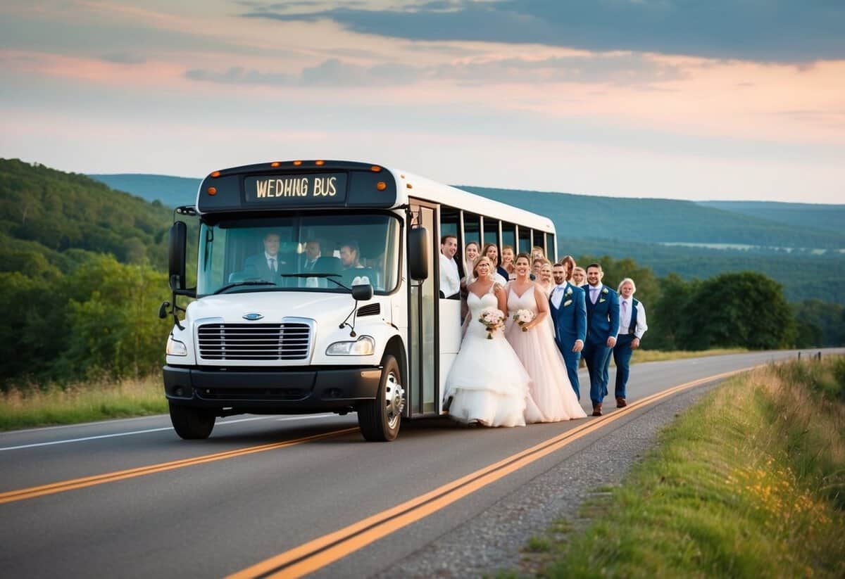 A wedding bus filled with happy guests, driving through a scenic landscape