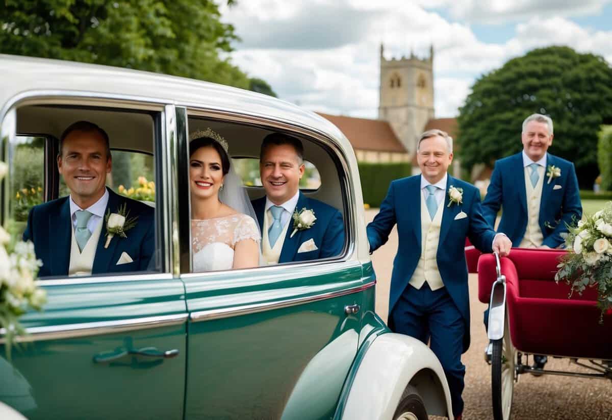 The groom travels to the church with his family and close friends in a decorated car or carriage