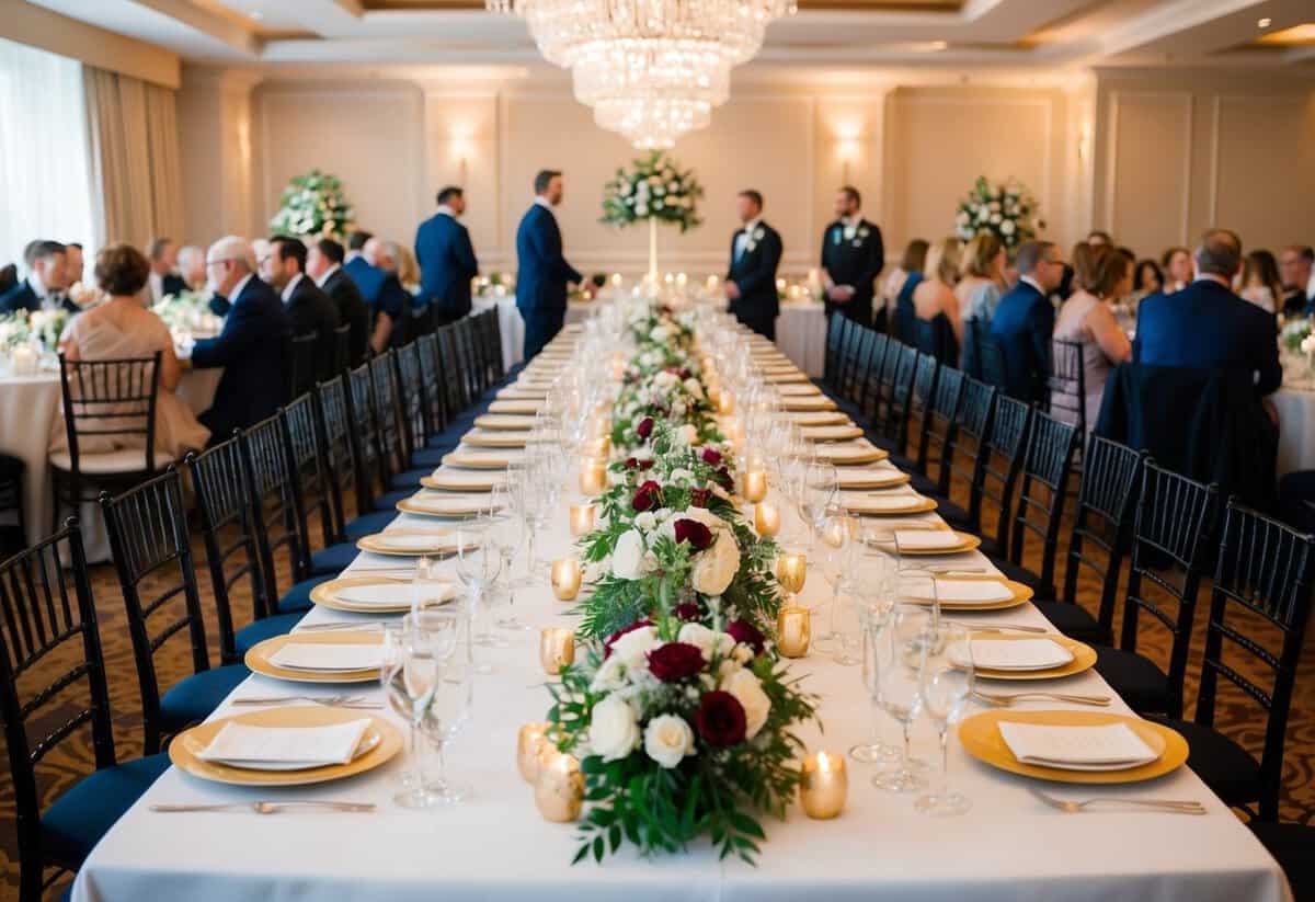 A festive wedding banquet with a long table set for an average of 100 guests, adorned with elegant place settings and floral centerpieces