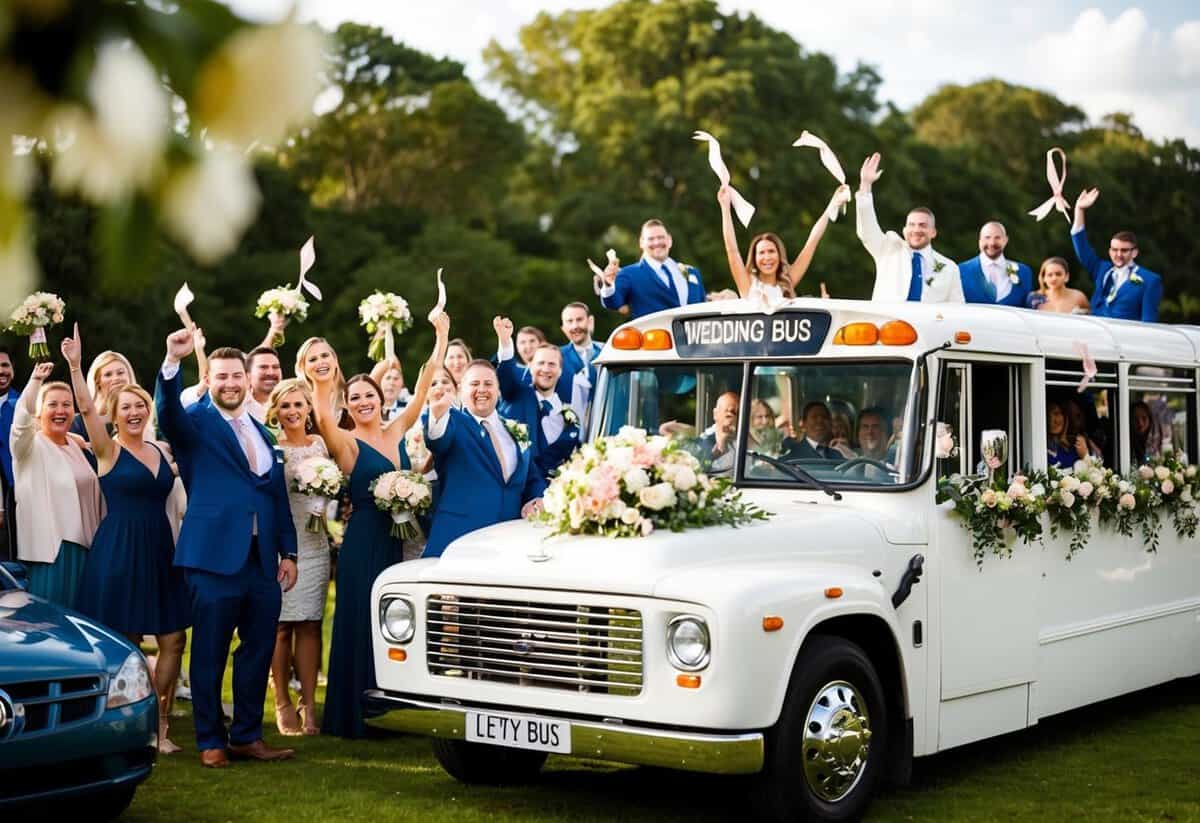 A wedding bus filled with joyous guests, adorned with ribbons and flowers, awaits to transport a large group to the event