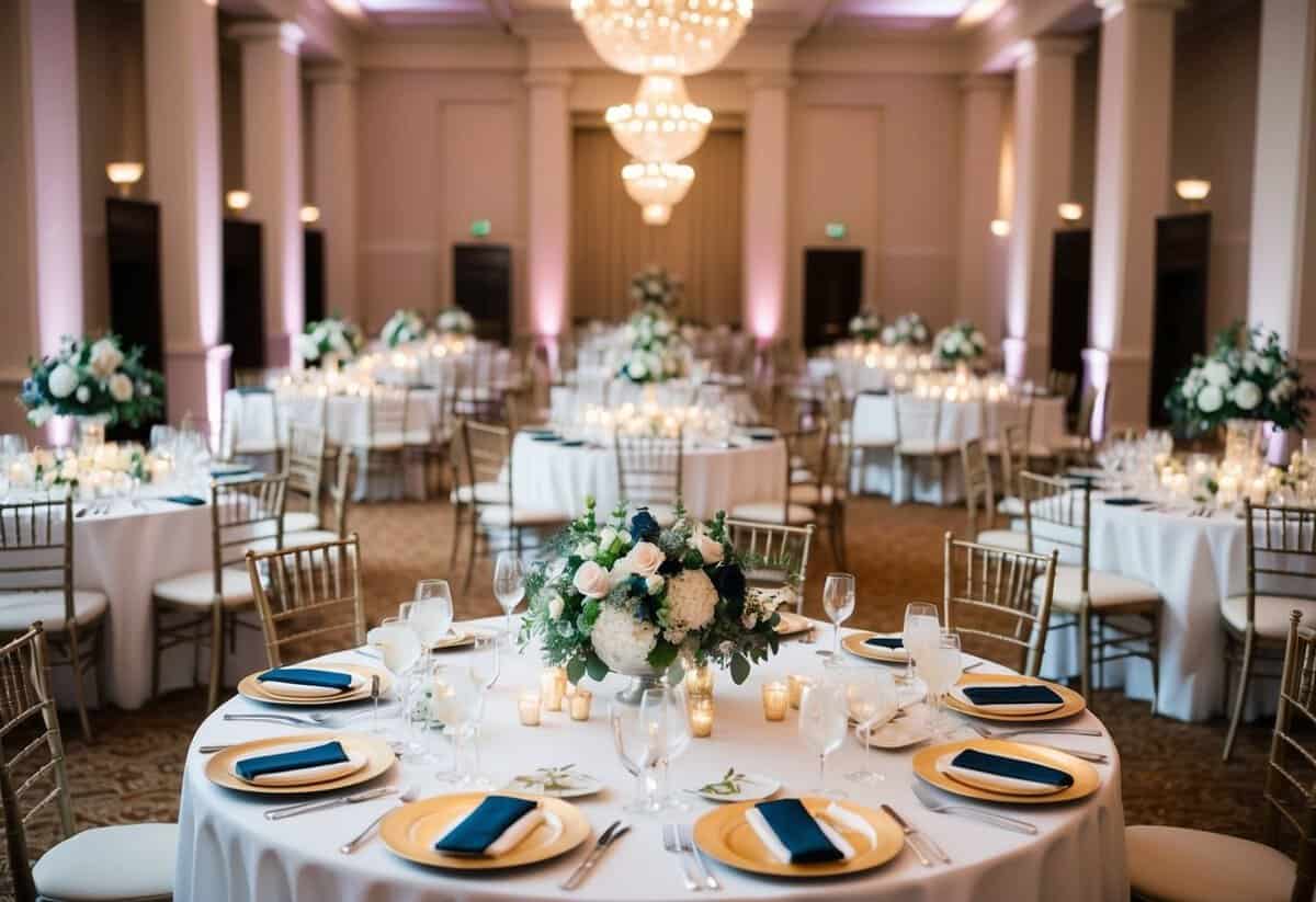 A grand banquet hall with elegant tables set for a wedding reception, adorned with floral centerpieces and place settings for a large number of guests