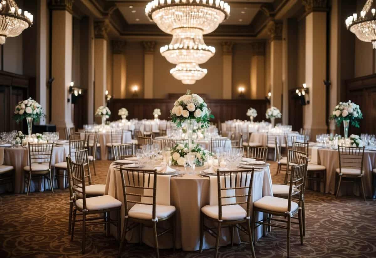 A grand banquet hall with ornate tables and chairs set for a large gathering, adorned with elegant floral centerpieces and sparkling table settings