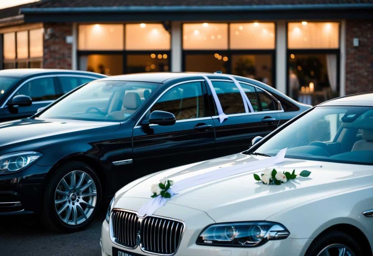 Luxury cars with white ribbons parked outside a wedding venue