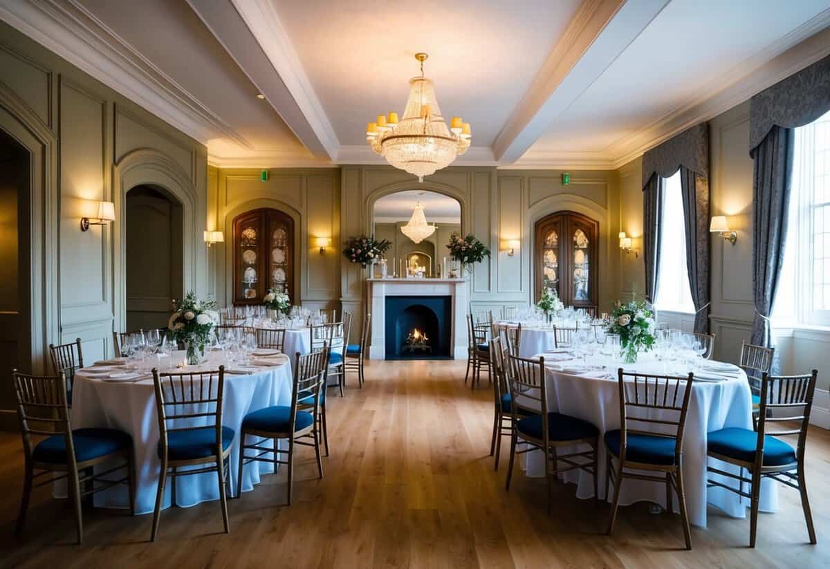 A traditional British wedding venue with elegant decor and seating for a medium-sized guest list