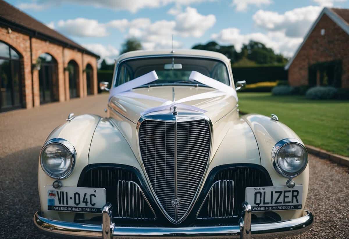 A vintage car with white ribbons on the hood parked outside a wedding venue