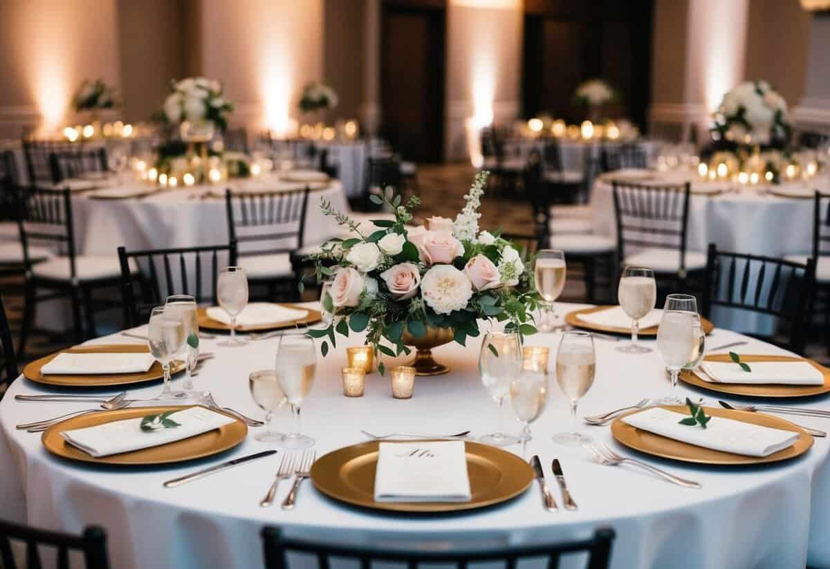 A table set for a wedding reception with place settings for multiple guests, surrounded by floral centerpieces and elegant decor