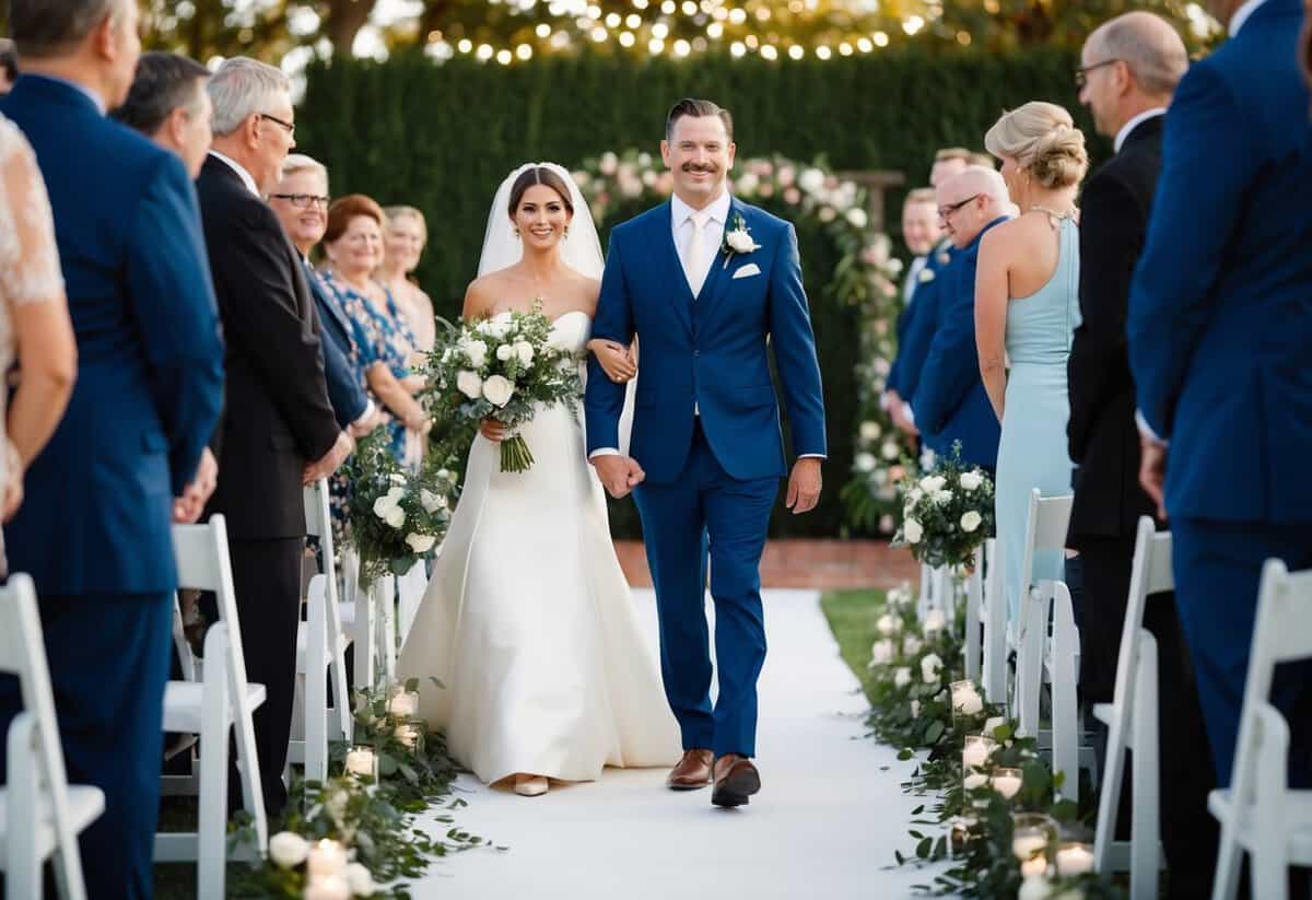 A figure walks down the aisle with the groom