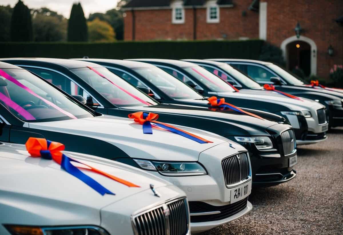 A line of luxury cars with colorful ribbons parked outside a wedding venue