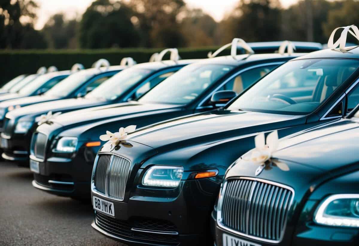 Luxury cars lined up with ribbons, waiting for wedding transportation services