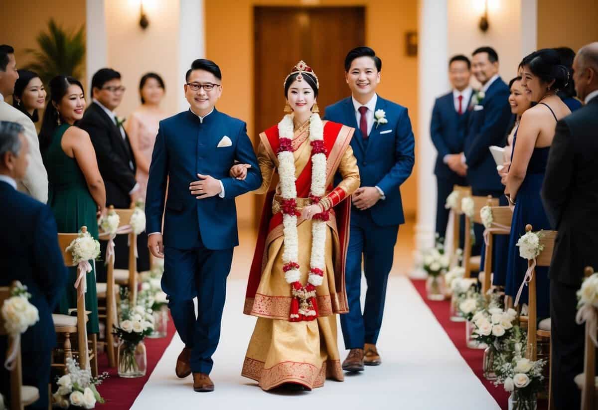 A figure in traditional attire walks down aisle with groom