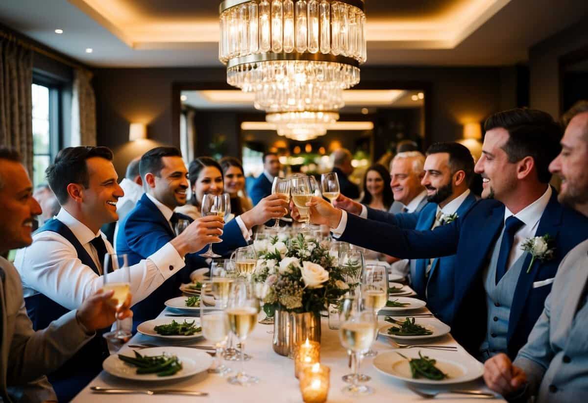 A group of guests gathers at a cozy restaurant for the groom's dinner, chatting and clinking glasses in celebration