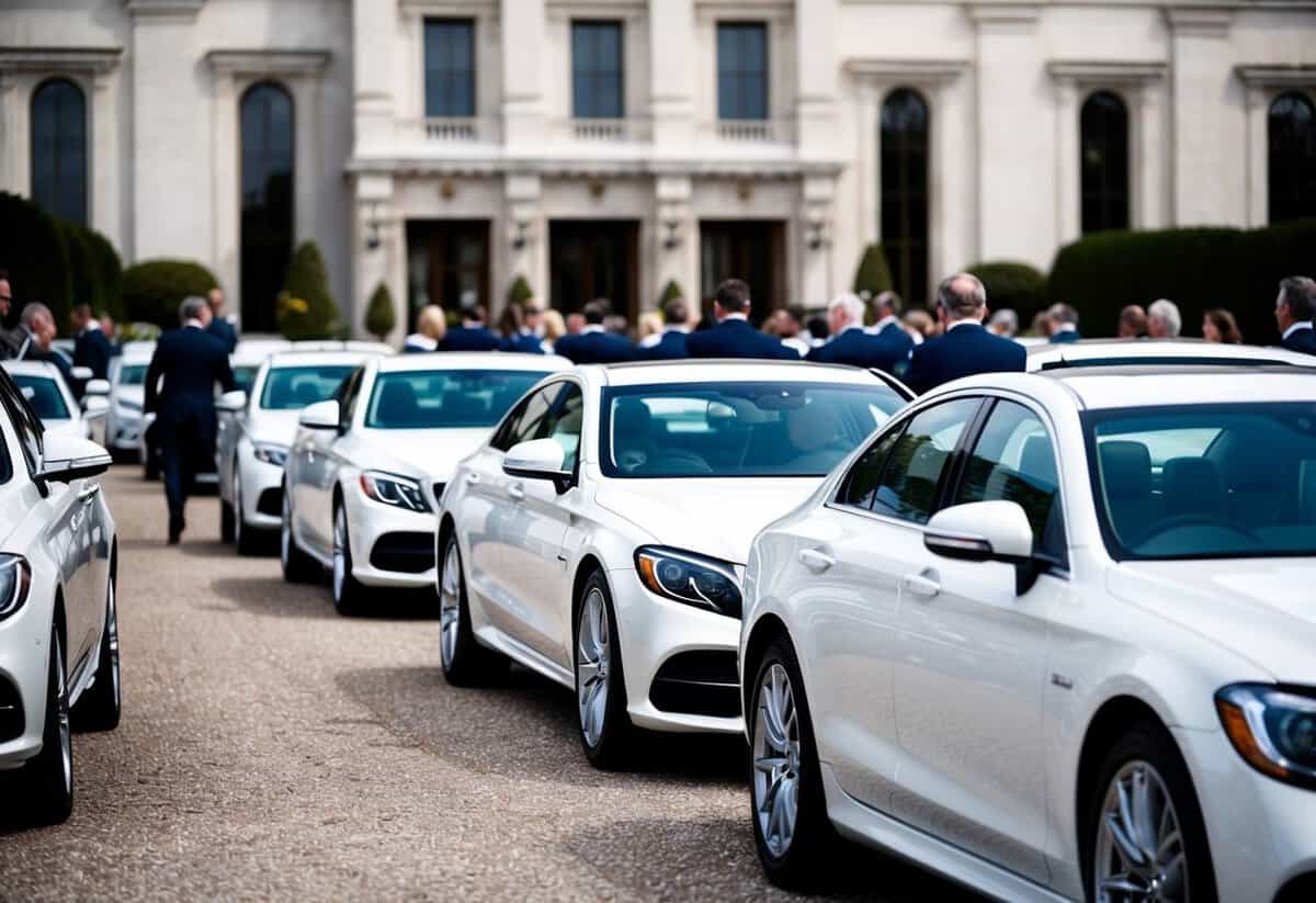 A line of sleek, white wedding cars parked in front of a grand venue, ready to transport the bride, groom, and their entourage